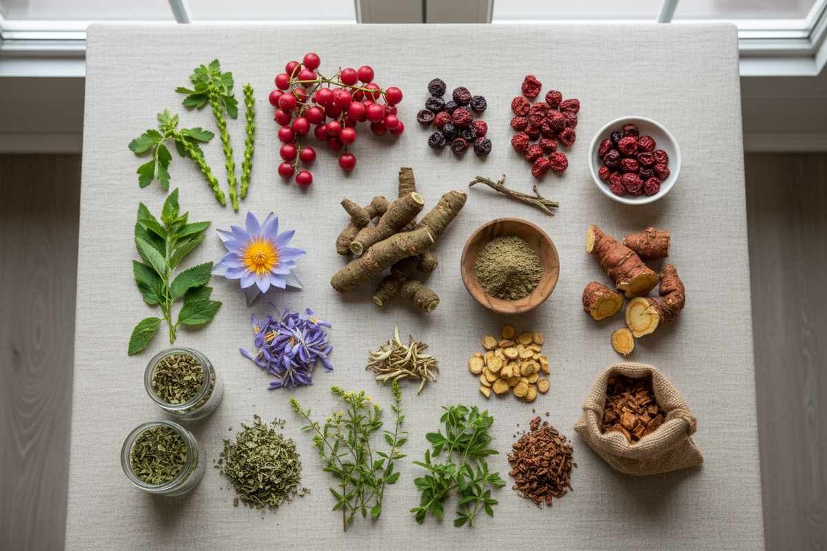 Kava, kanna, blue lotus, damiana, rhodiola and schisandra on a beige table